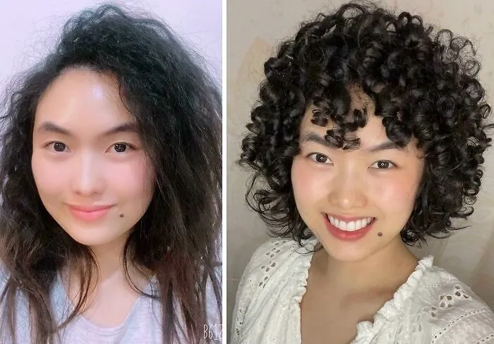 Before and after hair transformation showing a woman with natural long hair and styled gorgeous curly hair.