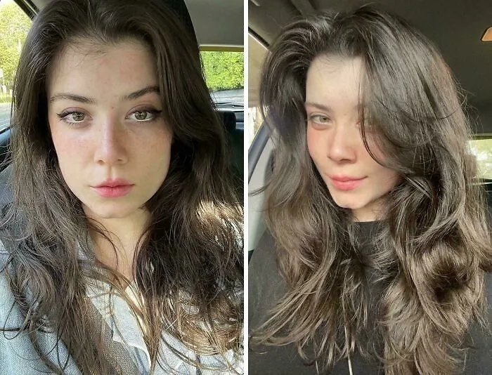 Before and after photos of a young woman showing gorgeous hair transformations with natural long dark hair.