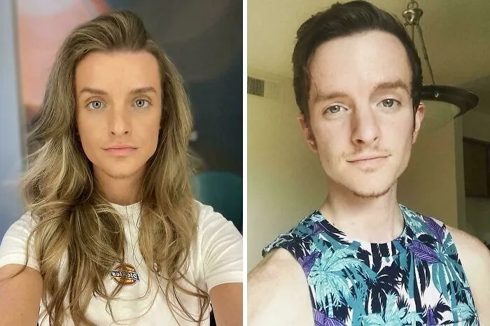 Side-by-side photos of a person showing gorgeous hair transformations with different hairstyles and colors.