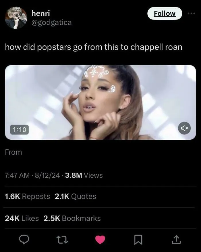 Screenshot of a social media post mocking pop star transformation with nostalgia tinted tolerance theme.