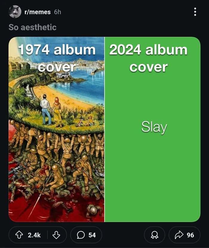 Comparison of 1974 album cover art versus minimalist 2024 album cover, highlighting rose tinted tolerance nostalgia humor online.