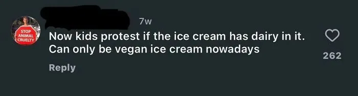 Comment on nostalgia and tolerance debate, highlighting a sarcastic remark about modern vegan ice cream trends.