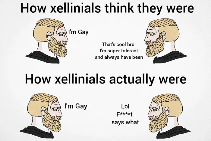 Illustration mocking tolerance levels of xennials, reflecting rose tinted tolerance and nostalgia taken too far online.