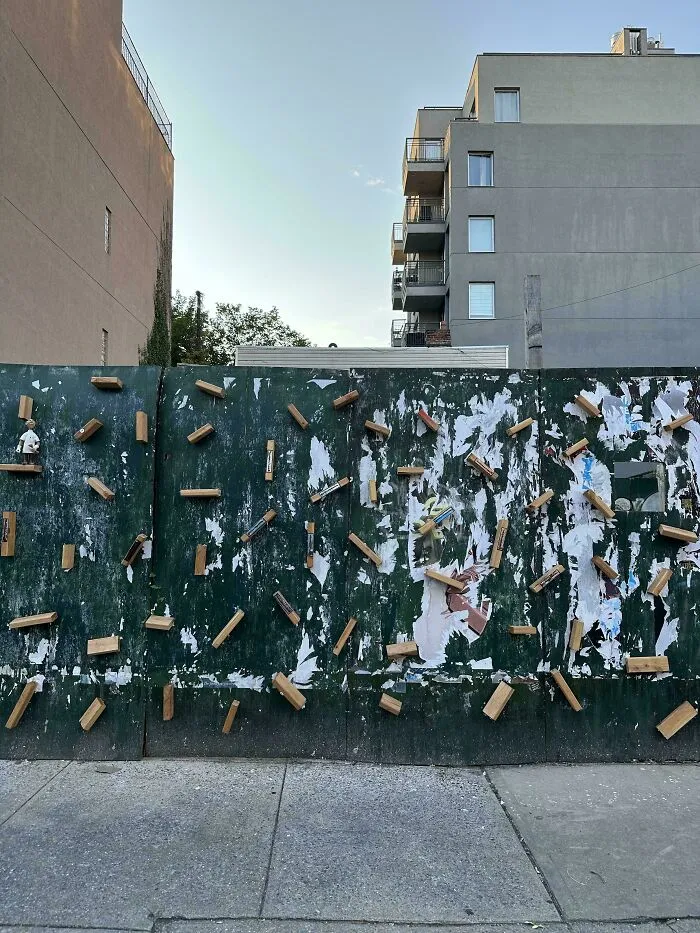 Construction Fence In My Neighborhood Had A Bunch Of 2x4’s Nailed To Prevent Poster Hanging