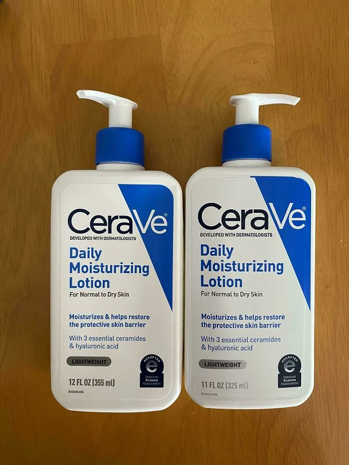 Two sizes of CeraVe Daily Moisturizing Lotion side by side, illustrating products getting smaller and more expensive.