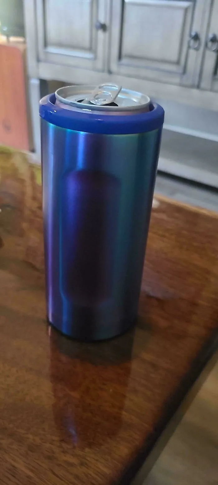 Small aluminum can inside a larger blue insulated container showing products getting smaller and more expensive.