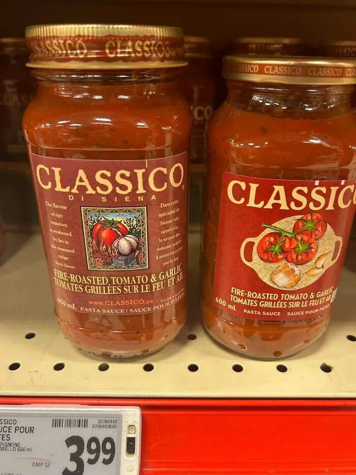Two jars of Classico fire-roasted tomato and garlic pasta sauce showing smaller product size and price on shelf.