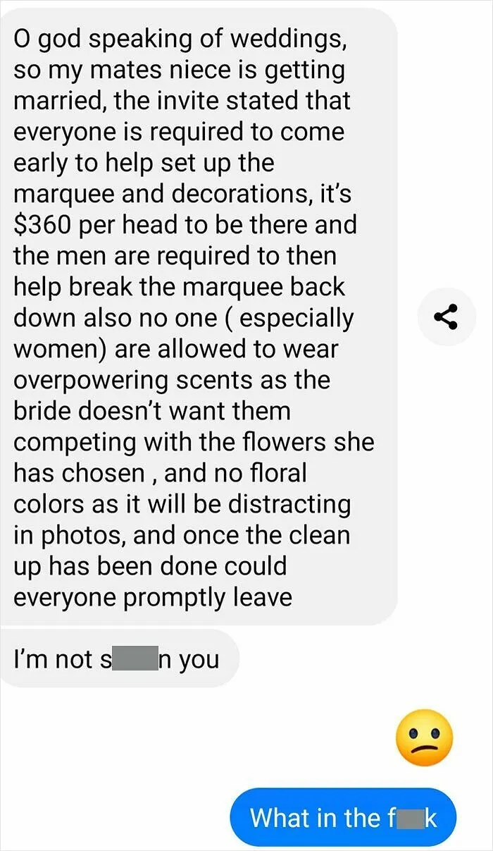 Bride And Groom Requests No Perfume On The Women And The Men Are Free Labour, On Top Of Paying $360 A Head