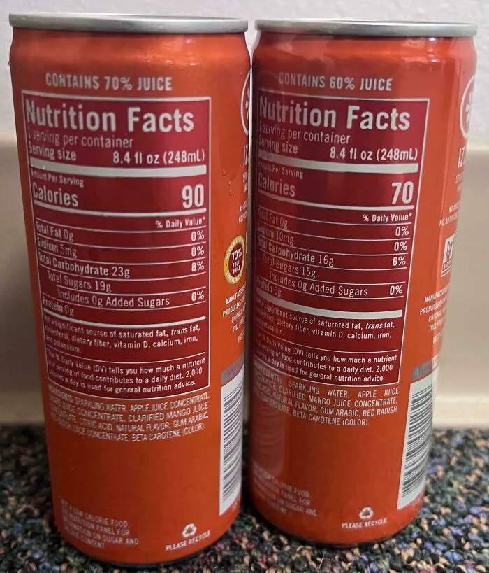 Comparison of two juice cans showing smaller product sizes and nutritional differences, illustrating products getting smaller and more expensive.