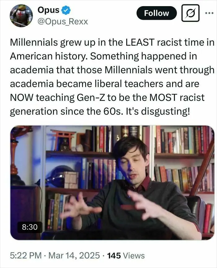 Tweet discussing millennials and Gen-Z with a man gesturing in front of bookshelves, reflecting rose tinted tolerance nostalgia.