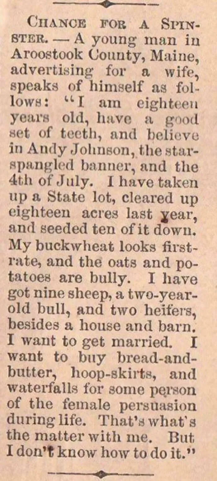 A Newspaper Advertisement From Late 19th Century Of An 18 Year Old Man Looking For A Wife