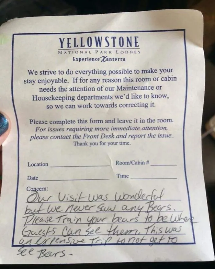 Yellowstone Hotel - Guest Comment Regarding Bears