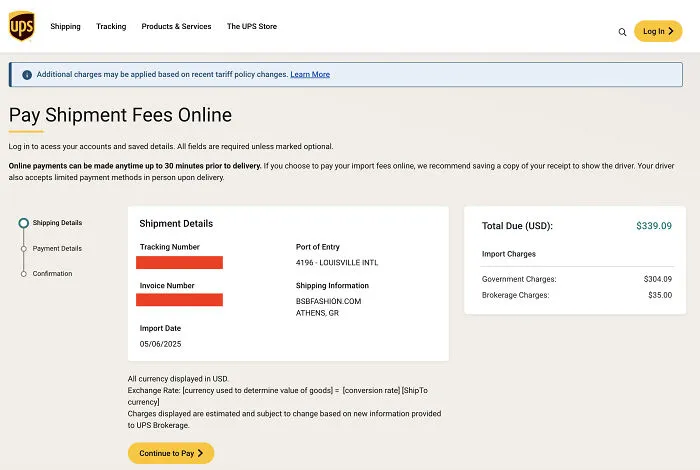 UPS shipment fee receipt showing import charges and high tariffs affecting regular Americans paying the price for goods.