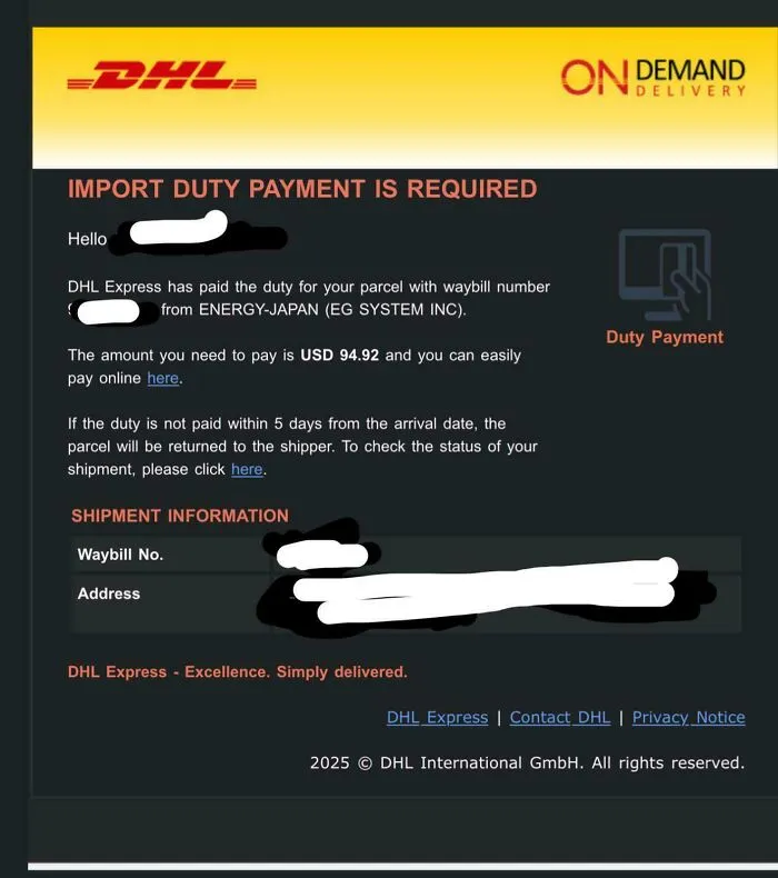 DHL import duty payment notice showing high tariffs costing regular Americans nearly 95 USD for parcel delivery.