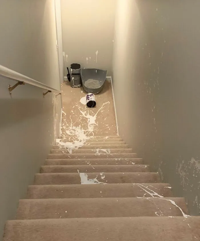 Fiance Was Being Thoughtful And Taking The Paint Cans To The Basement. Turns Out He Tried To Carry Too Much At Once...(Also We Just Bought This House And I’m Passing Out Inside)