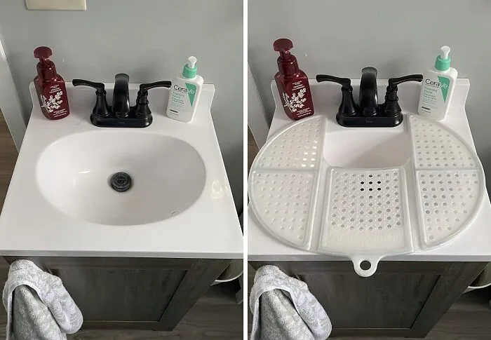 Playing Counter-Space Jenga In Your Bathroom Is Officially A Thing Of The Past Thanks To A Clever <a Style="Display:inline;" Href="Https://Www.amazon.com/Sink-Topper-Foldable-Bathroom-Organizer/Dp/B08z3kjdm6?ie=utf8&th=1&linkcode=ll1&tag=bphyena-20&linkid=ef91e7ec025e8433f36dfc6dda8ab53f&language=en_us&ref_=as_li_ss_tl" Target="_blank"><span Style="Font: Inherit; Color: #d74b1f;"> Foldable Sink Cover </Span>
