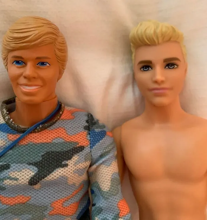 Two dolls side by side showing significant changes in style and appearance in before and after photos.