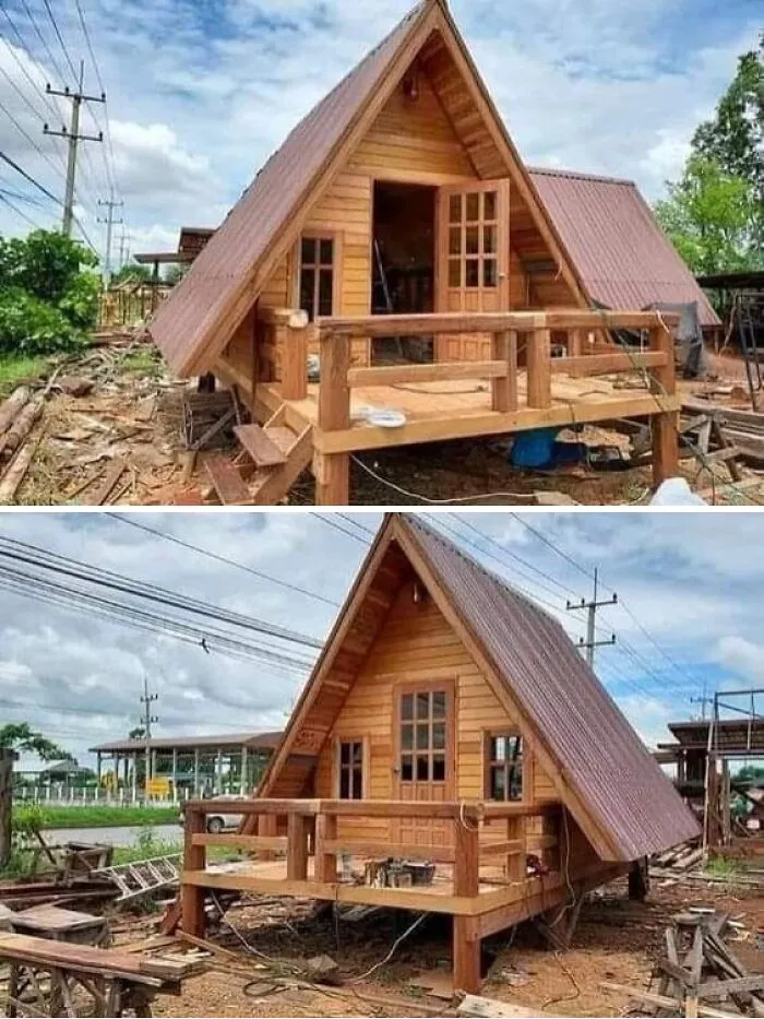 Wooden A-frame cabin with porch under construction, showcasing detailed woodworking ideas and craftsmanship in a rural setting.