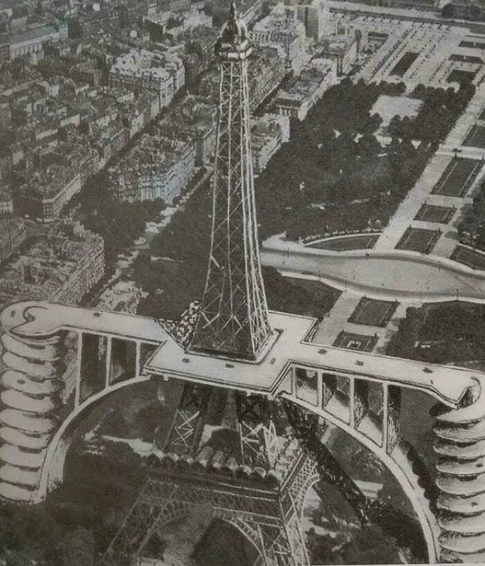 Vista aérea de una torre con diseño creativo y surrealista, una de las fotos tan interesantes que parece ilegal mirar.