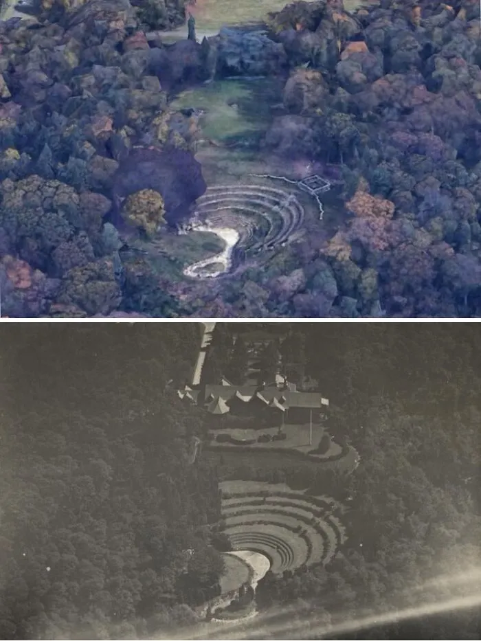 Lugar misterioso en Google Earth con terrazas circulares rodeadas de bosque, mostrando un sitio raro y divertido.