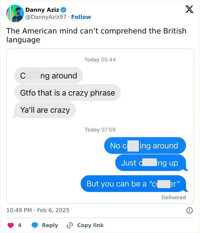 Screenshot of a Twitter conversation highlighting confusion over British language phrases confusing Americans.