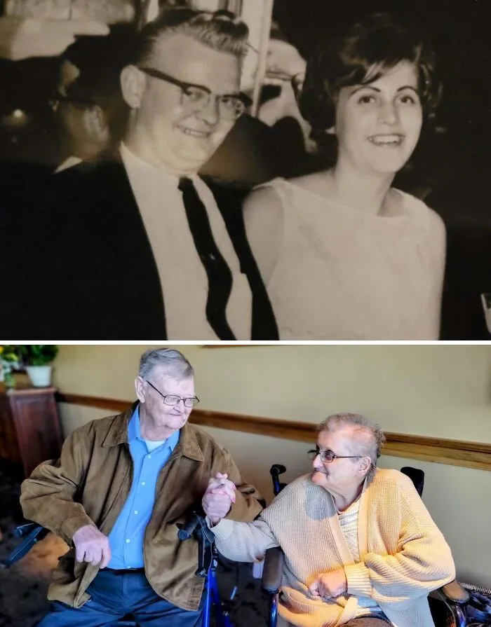 Couple holding hands decades apart, illustrating time changed people but not their love for each other.