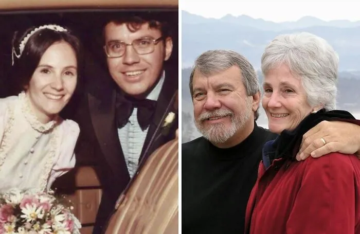 Side-by-side photos showing how time changed people but not their love for each other over the years.