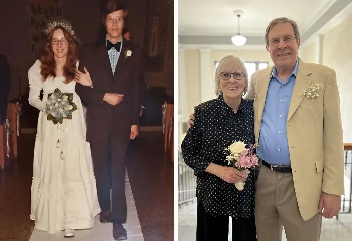 Side-by-side photos of a couple decades apart, showing how time changed people but not their love for each other.