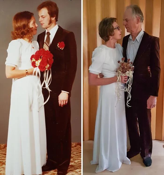 Side-by-side photos of a couple in wedding attire showing how time changed people but not their love.