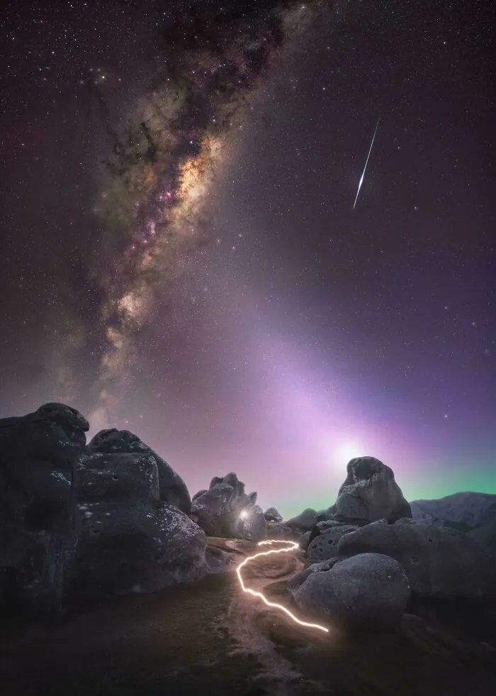 Milky Way With Zodiacal Light, Aurora And A Shooting Star In New Zealand