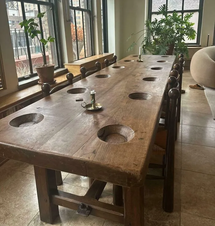 Big Wooden Table With 12 Integrated Bowls. Bought In The Netherlands. From 1893