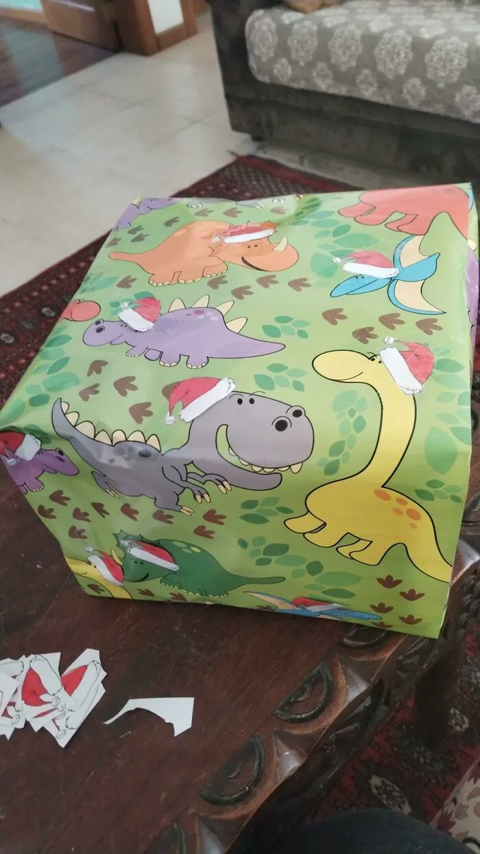 Mom Said The Dinosaur Wrapping Paper Wasn't Christmas-Y Enough For My Secret Santa, So Now I'm Putting Santa Hats On Them