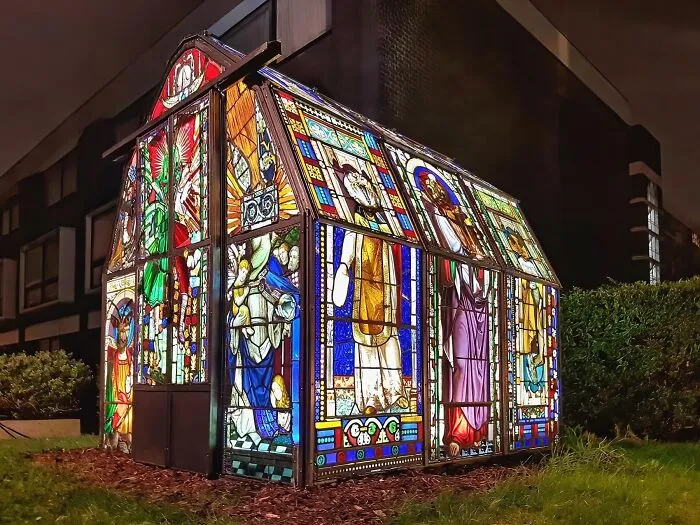 Greenhouse Made From Recycled Church Stained Glass Windows
