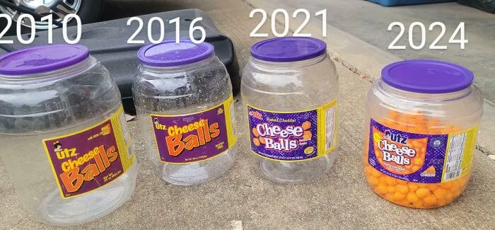 Clear plastic containers of Utz Cheese Balls from 2010 to 2024 show products getting smaller and more expensive over time.