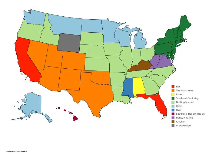 Color-coded map of American states highlighting categories like hot, cold, confusing, and unique regions in eye-opening maps of America.