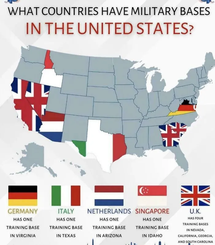 Map showing foreign military bases in the United States with countries like UK, Germany, Italy, and Singapore highlighted.
