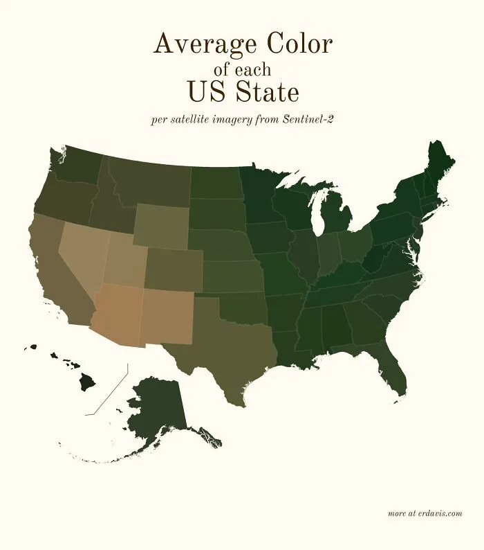 Map showing the average color of each US state using satellite imagery in an eye-opening map of America.