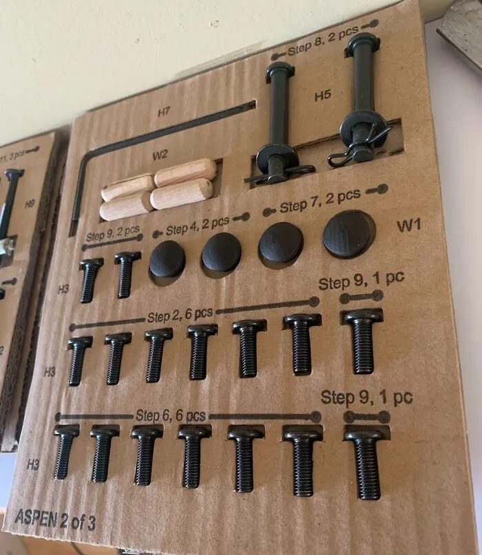 Piezas organizadas en cartón para montaje, mostrando soluciones geniales a problemas habituales con tornillos y accesorios.