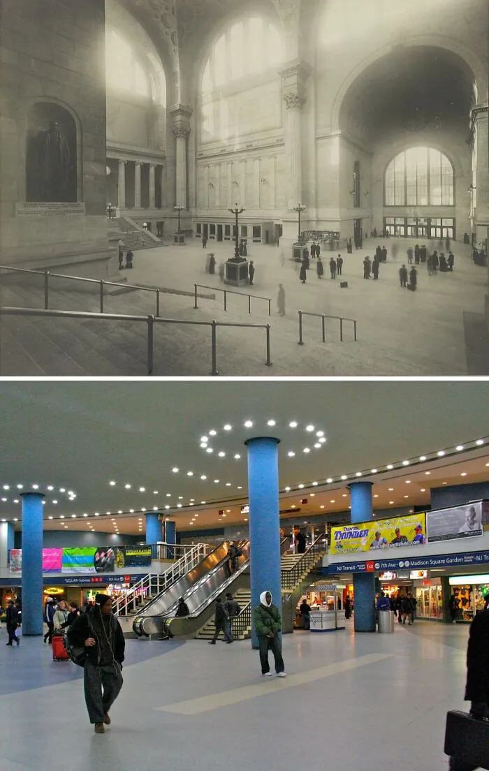 Vista de fotos antes y ahora de una estación principal que muestra cambios con el paso del tiempo.
