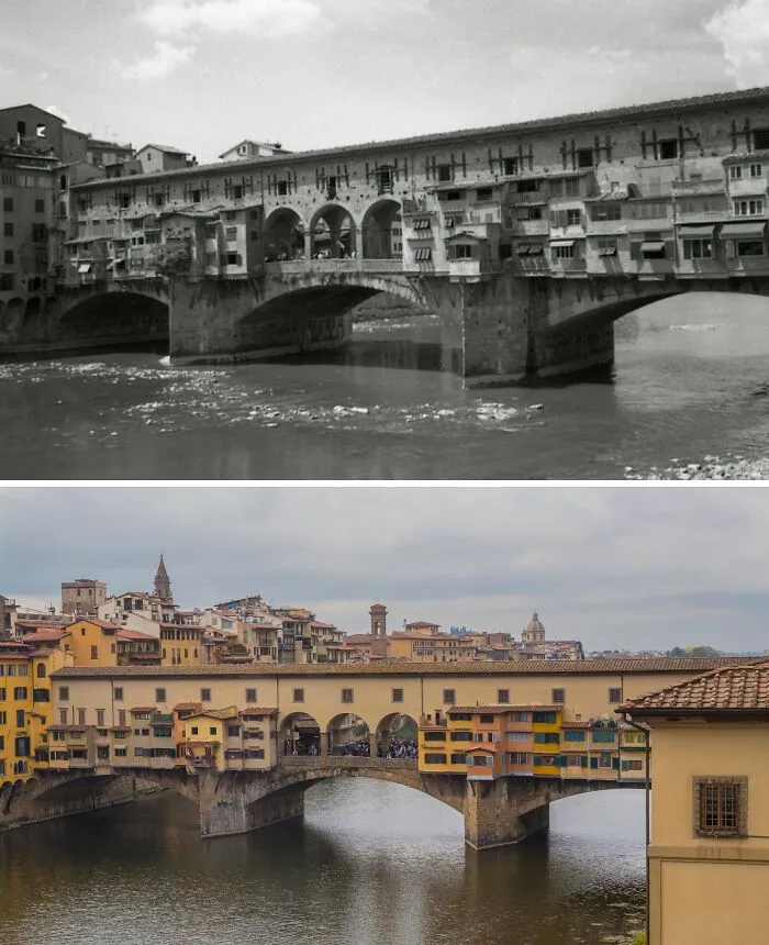 Ponte Vecchio en Florencia, Italia. 1965 vs. 2019