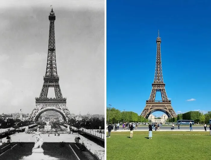 Fotos antes y ahora de la Torre Eiffel mostrando cambios con el paso del tiempo en París, ejemplo de tiempo que no espera.
