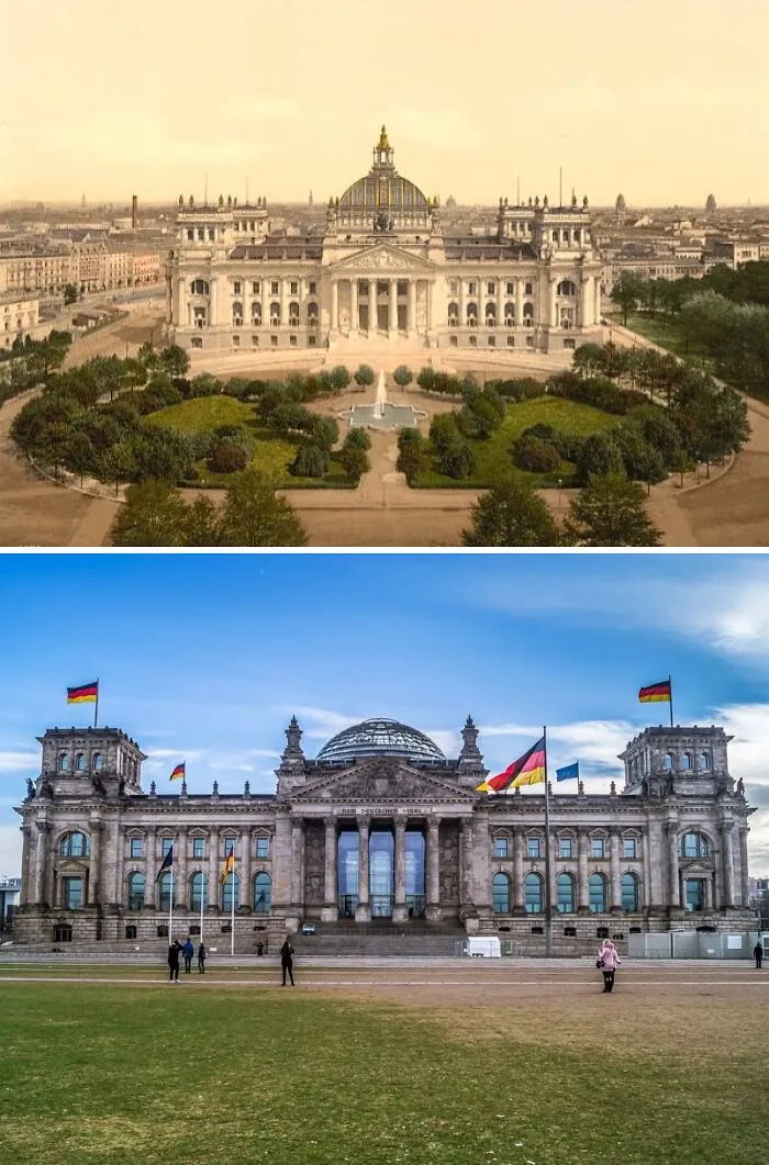 Fotos de antes y ahora del edificio histórico con jardines frente, mostrando que el tiempo no espera a nadie.