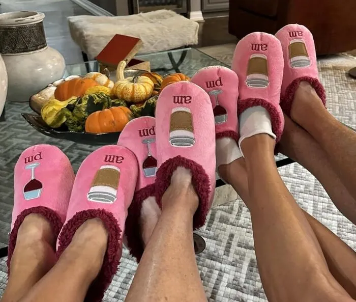 Your Bestie Can Now Let Their Feet Broadcast Their Current Fuel Source, Be It Coffee Or Wine, With <a Style="Display:inline;" Href="Https://Www.amazon.com/Snoozies-Slippers-Women-Pairables-Womens/Dp/B08hd69yk7?ie=utf8&th=1&psc=1&linkcode=ll1&tag=bpsheep-20&linkid=4d6ebaf92f683fffef6e87967a65c655&language=en_us&ref_=as_li_ss_tl" Target="_blank"><span Style="Font: Inherit; Color: #d74b1f;"> These Hilarious Am/Pm Embroidered Slippers</Span> That Basically Serve As A Daily Mood Ring For Their Toes