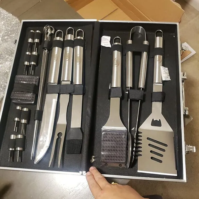 Grilling tool set in a carry case, ideal for Father's Day gifts, featuring stainless steel barbecue utensils and accessories.