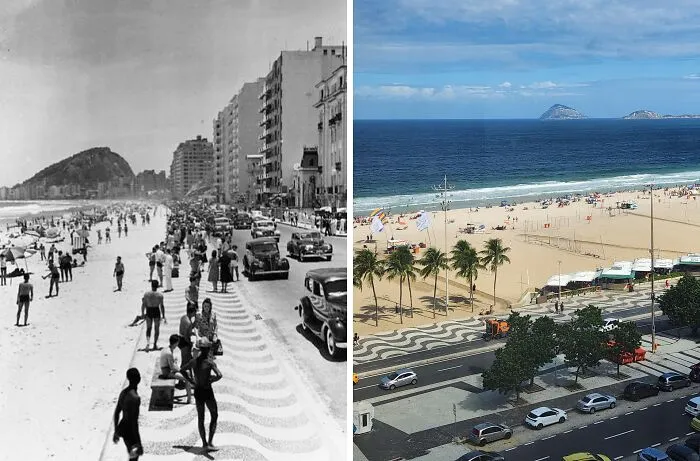 Fotos de antes y ahora de una playa con cambios visibles en edificios, tránsito y ambiente, mostrando el paso del tiempo.