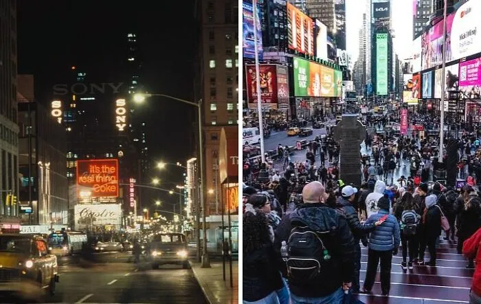 Fotos alucinantes de antes y ahora mostrando el cambio del tiempo en una ciudad con calles y gente en movimiento.
