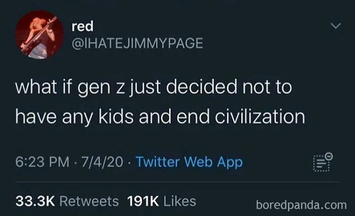 A tweet about Gen Z deciding not to have kids and ending civilization, highlighting Gen Z memes humor.
