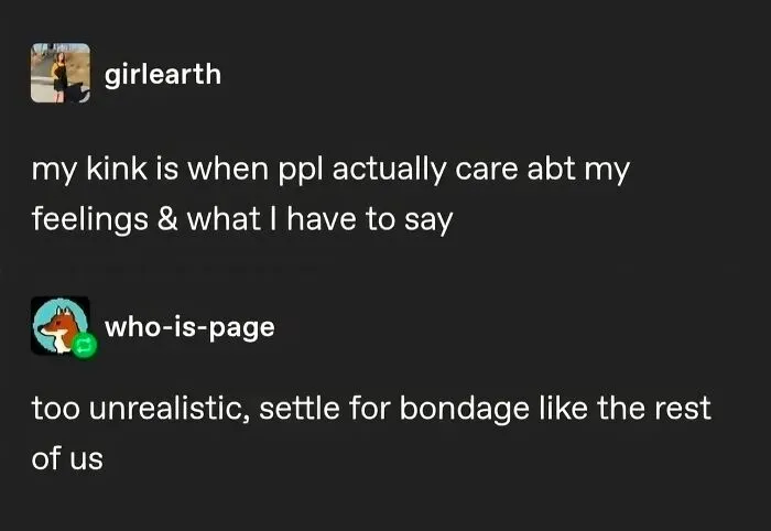 Text post from an IG page humorously discussing unrealistic expectations and emotional care for a daily serotonin boost.