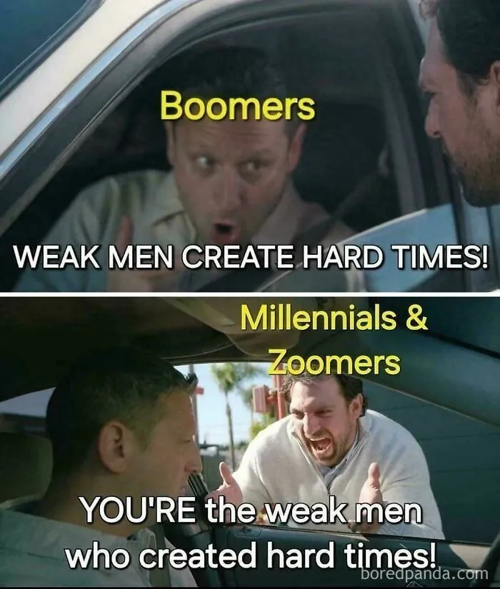 Two-panel meme showing Boomers and Millennials & Zoomers arguing, highlighting humor in random Gen-Z memes about generations.