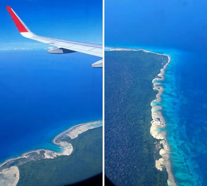 Vista aérea desde avión sobre una costa con playas y mar azul, una de las fotos tan interesantes para ver sin protección.